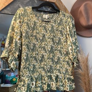 Green Floral Puff Sleeve Blouse